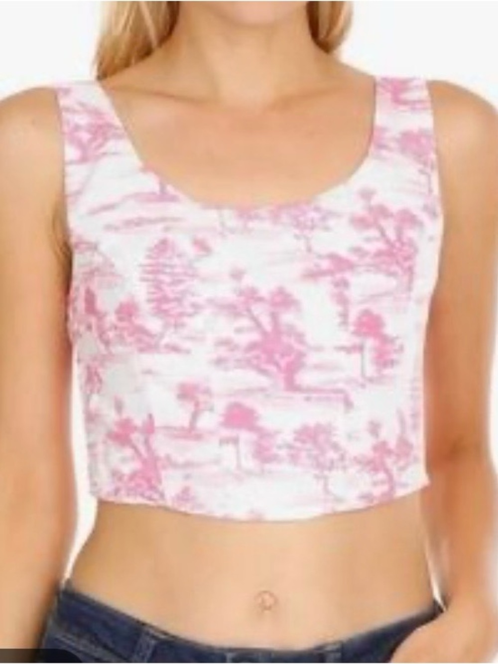 Toile-Print Pink Crop Tank Top - Sleeveless Scoop Neck